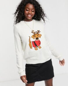 Brave Soul christmas sweater with daschund applique-Cream