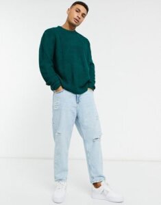 Brave Soul crew neck textured knitted sweater with drop shoulder-Green
