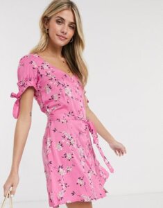 Brave Soul donatella button through dress in ditsy print-Pink