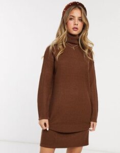 Brave Soul emilina roll neck fisherman knit sweater dress in brown