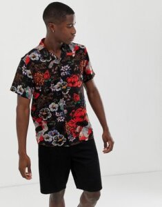 Brave Soul floral print shirt with revere collar-Black