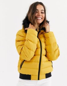 Brave Soul griffin puffer jacket with faux fur trim hood-Yellow