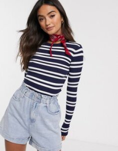 Brave Soul missouri skinny rib sweater in stripe-Navy