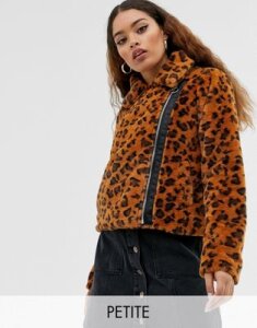 Brave Soul Petite carla faux fur leopard biker jacket-Tan