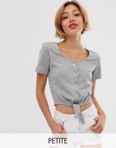 Brave Soul Petite crop t short with tie front and button detail-Gray