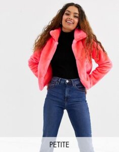 Brave Soul Petite rome neon cropped faux fur jacket-Pink