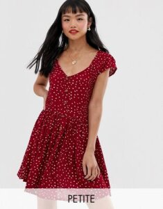 Brave Soul Petite smock dress with mini buttons in heart print-Red