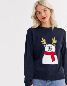 Brave Soul polar bear christmas sweater with sequin antlers-Navy