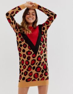 Brave Soul simba chevron animal print sweater dress-Tan