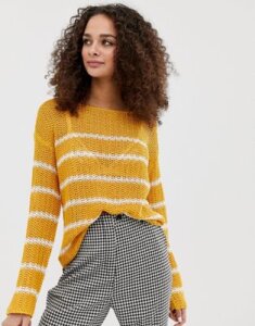 Brave Soul striped loose fit textured stitch sweater in gold-Yellow