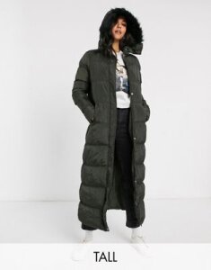 Brave Soul Tall hopma longline puffer jacket with faux fur trim hood-Green