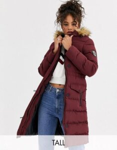 Brave Soul Tall whitehorse padded long jacket with faux fur trim hood-Red