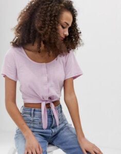 Brave Soul tyene crop t shirt with buttons and tie front-Purple