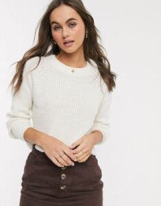 Brave Soul wilfred cropped fisherman rib sweater in ivory-White