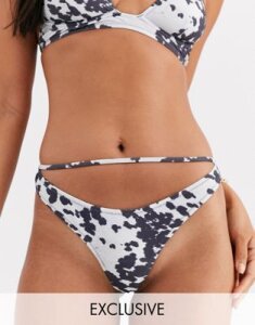 Candypants Exclusive high leg cut out bikini bottom in cow print-Multi