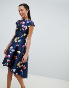 Chi Chi London floral printed skater dress with cap sleeve-Multi