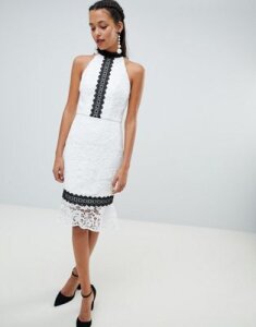 Chi Chi London lace pencil dress with frill hem-White