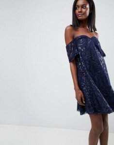 Chi Chi London Off Shoulder Shift Dress In Lace-Navy
