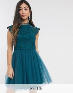 Chi Chi London Petite cut out detail tulle mini dress in emerald green