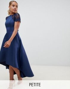 Chi Chi London Petite high low hem midi dress with lace sleeves-Navy
