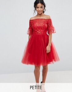 Chi Chi London Petite Tulle Midi Prom Dress With Lace Fluted Sleeves-Red