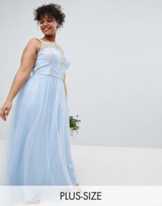 Chi Chi London Plus Bardot Neck Sleeveless Maxi Dress with Premium Lace and Tulle Skirt-Blue