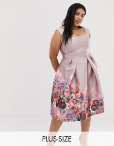 Chi Chi London Plus midi dress with square neck in dusty floral print-Multi