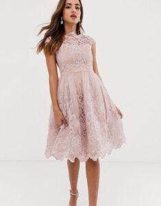 Chi Chi London premium lace midi prom dress with bardot neck in mink-Pink