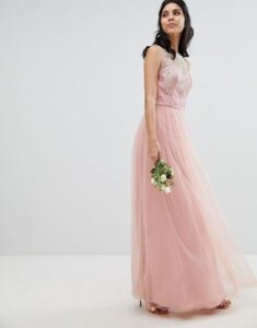 Chi Chi London Sleeveless Maxi Dress with Premium Lace and Tulle Skirt-Pink