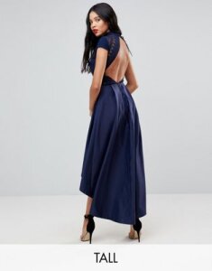 Chi Chi London Tall High Low Midi Dress With Open Back-Navy