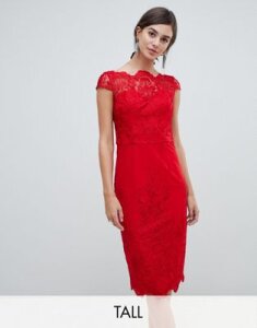 Chi Chi London Tall lace midi pencil dress-Red