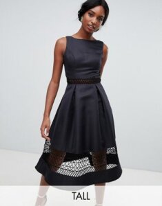 Chi Chi London Tall structured midi dress with lace inserts in black
