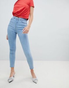Chorus Raw Hem High Rise Skinny Jeans with Rose Embroidered Pocket-Blue