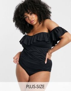 City Chic underwired bardot swimsuit with frill in black