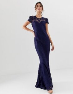 City Goddess all over lace fishtail capped sleeve maxi dress-Navy