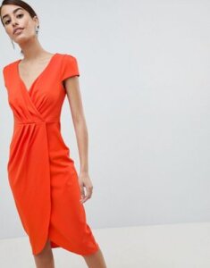 City Goddess Bardot Wrap Over Pencil Midi Dress-Orange