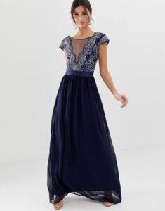 City Goddess pleated maxi dress with embrodiered detail-Navy
