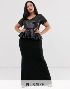 City Goddess Plus maxi dress with peplum frill-Black
