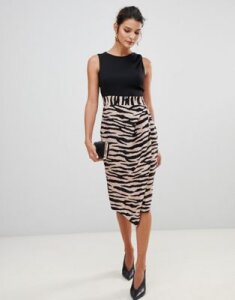 Closet London 2 in 1 sleeveless pencil dress with tiger print skirt-Multi