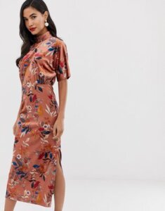 Closet London high neck batwing sleeve midaxi dress in velvet floral print-Multi