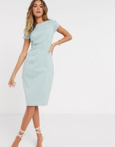 Closet London pencil dress with ruched cap sleeve in sage-Green