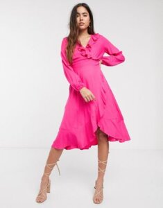Closet long sleeve frill wrap dress-Pink