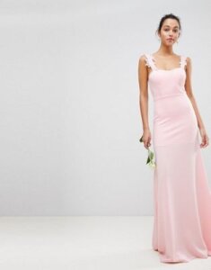 Club L Bridesmaid Bandeau Maxi Dress With Applique Embroided Lace Detail-Pink