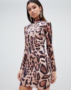Club L high neck leopard print mini bodycon dress in velvet-Multi