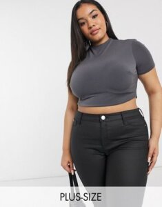 Club L London Plus slinky short sleeve crop top two-piece in charcoal-Gray
