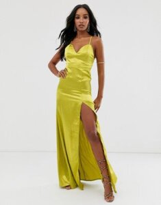 Club L London satin plunge front maxi dress with high thigh split in lime-Green