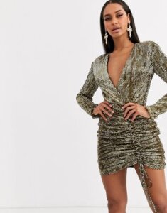 Club L London sequin plunge front ruched mini bodycon dress in gold