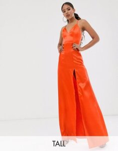 Club L London Tall satin plunge front maxi dress with high thigh split in orange