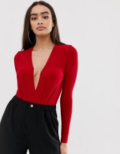 Club L long sleeve plunge neck body-Red