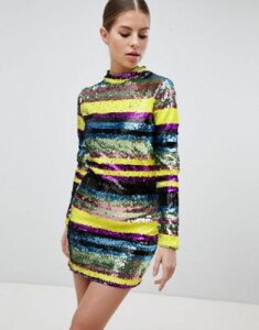 Club L Long Sleeve Rainbow Sequin Mini Bodycon Dress-Multi
